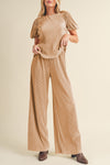 Clay Ribbed Short Puff Sleeve Top and Wide Leg Pants Set