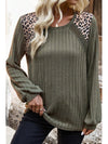 Moss Green Leopard Print Patchwork Crochet Rib Textured Top