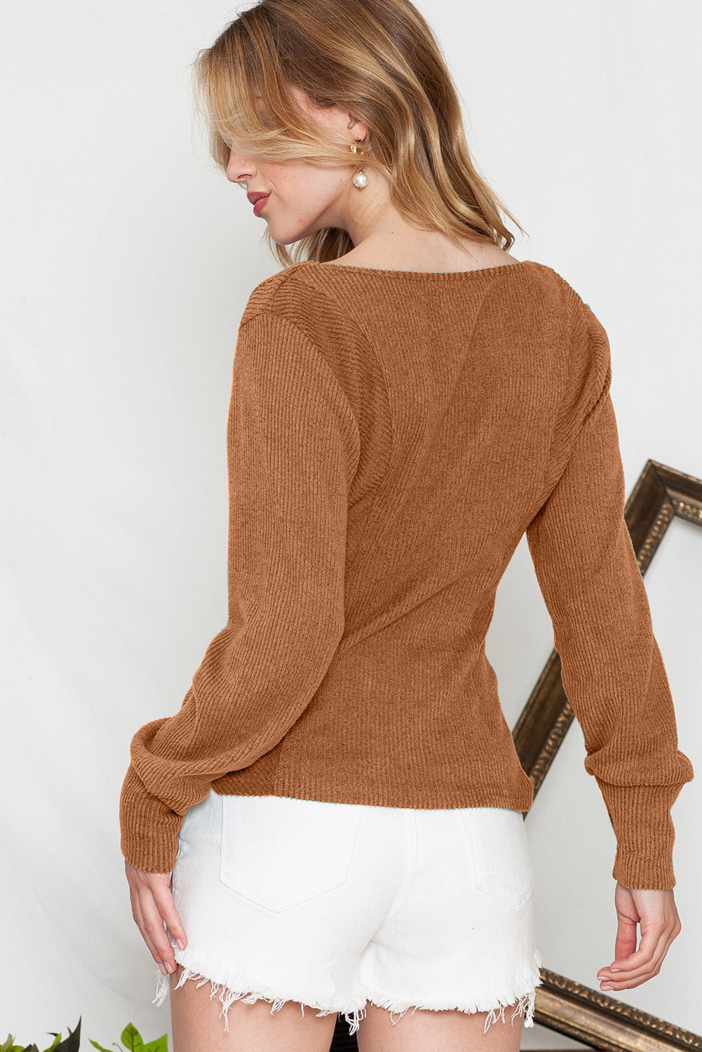 Rose U Neck Textured Long Sleeve Top