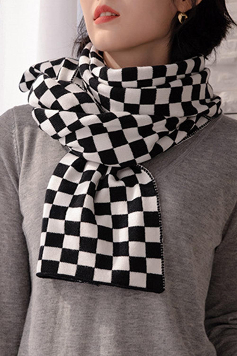 Black Checkered Knitted Soft Warm Large Scarf