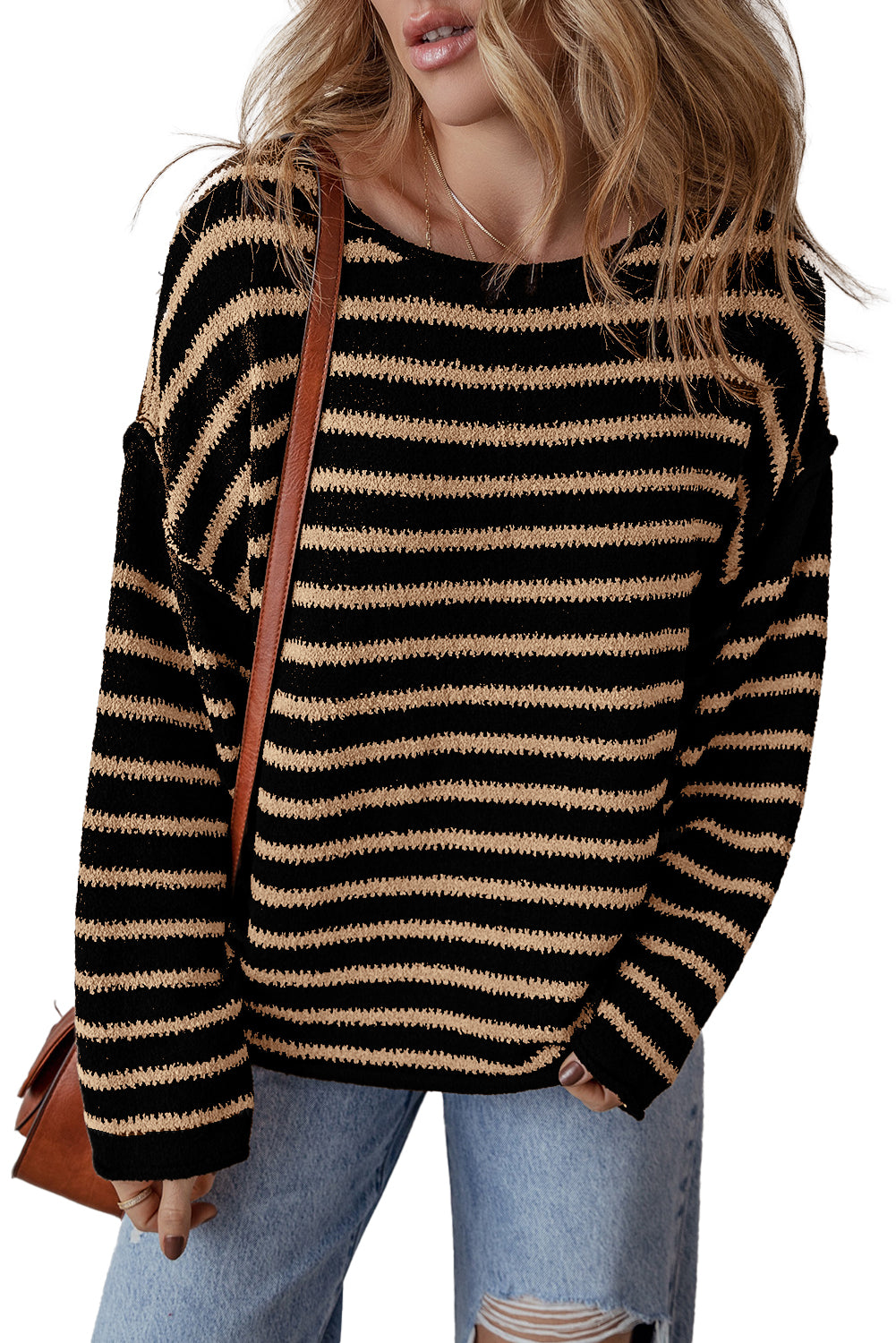 Black Stripe Drop Shoulder Round Neck Loose Sweater