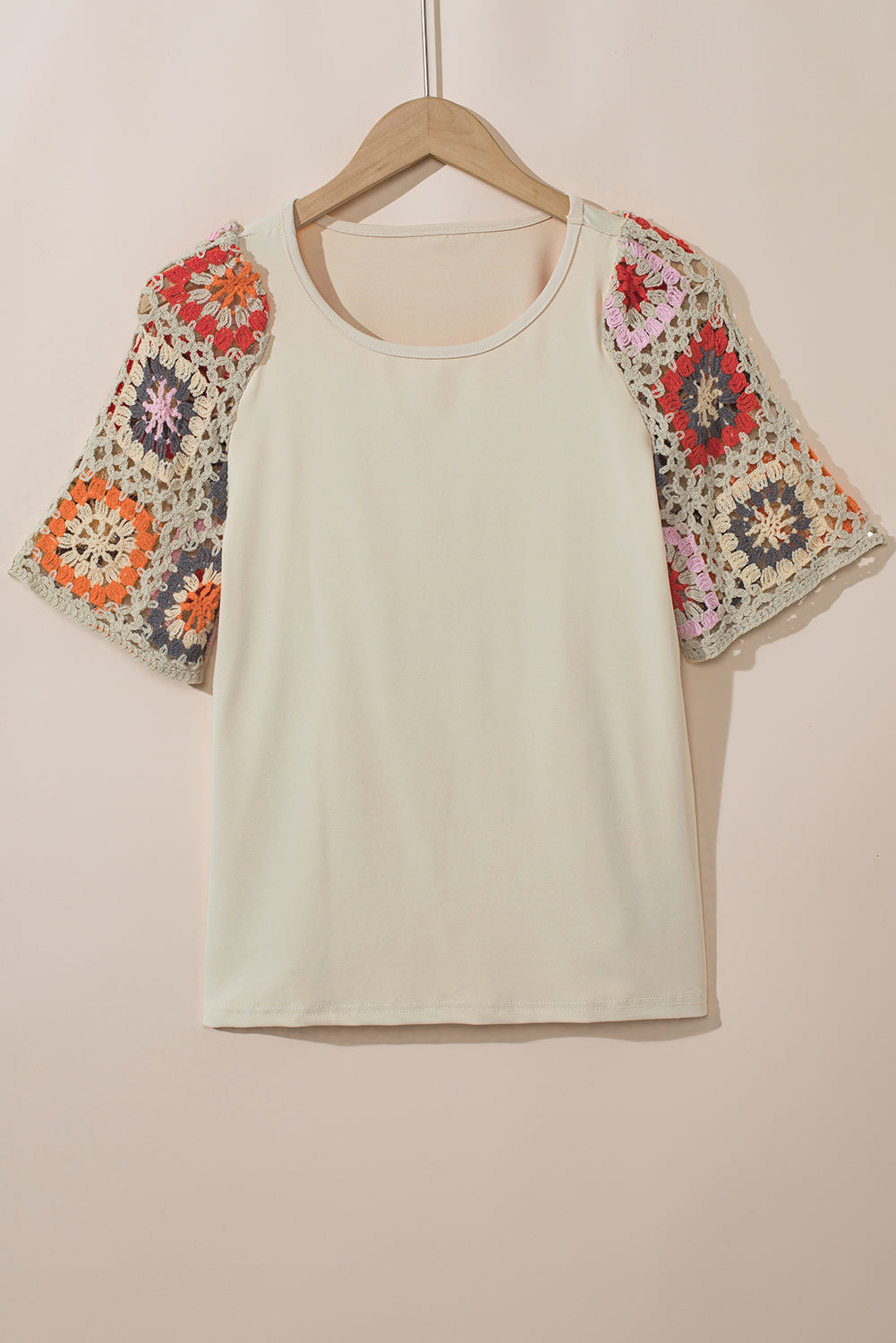 White Floral Hollowed Crochet Sleeve Boho T Shirt