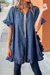 Dusk Blue Half Sleeve Ruffle Edge Chambray Open Kimono