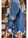 Sky Blue Light Wash Distressed Frayed Long Denim Jacket