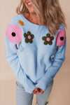 Crochet Flower Round Neck Dropped Shoulder Sweater - Cocoa Yacht Club