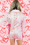 Pink Mixed Floral Print Contrast Piping Trim Satin Tie Pajama Set