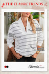 White Striped Zipper V-Neck Drop Sleeve Top