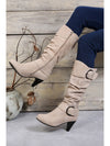 Navy Blue Dual Buckle Strap Side Zip Heeled Mid Calf Boots