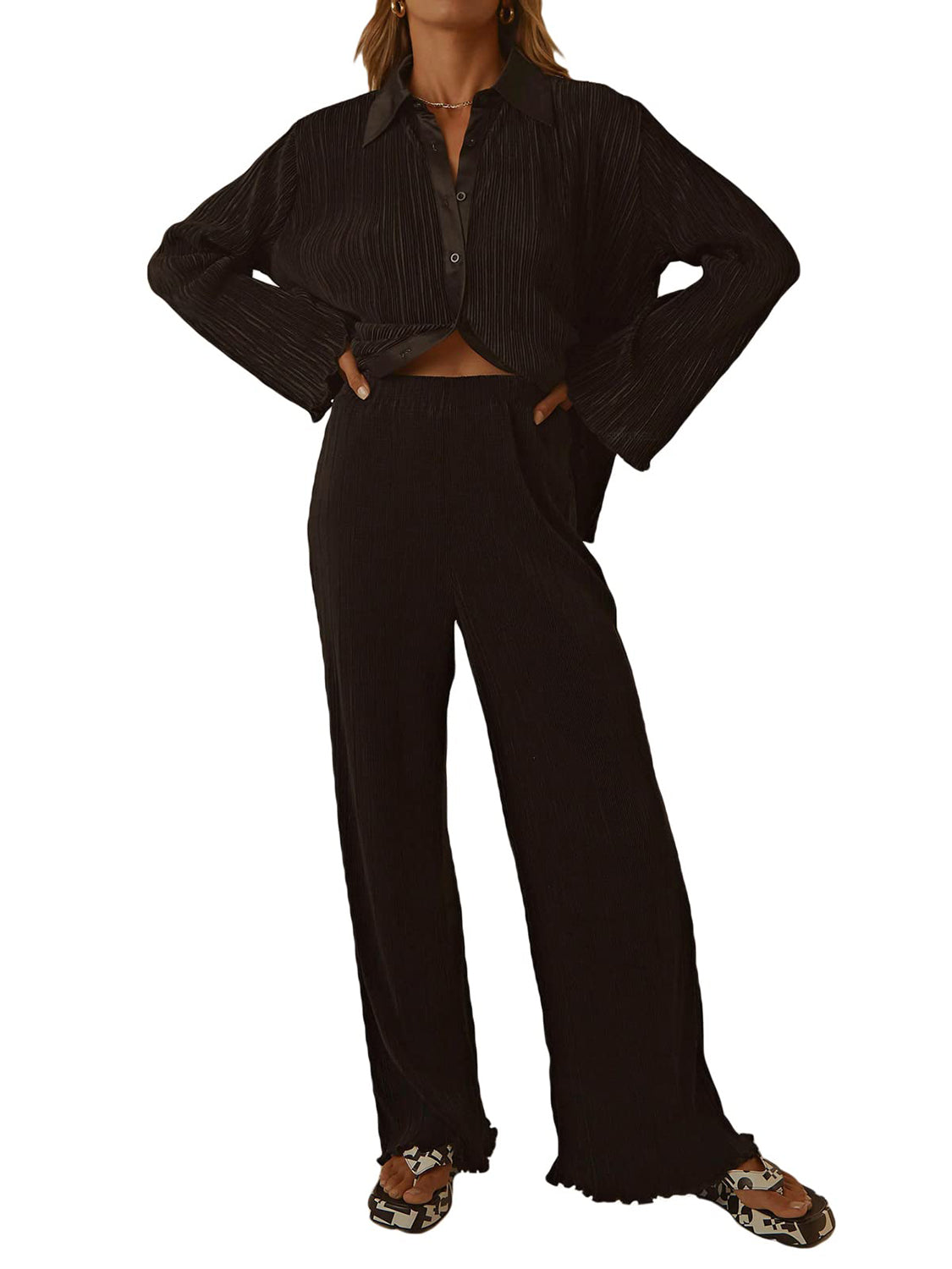  Collared Neck Long Sleeve Top and Pants Lounge Set.