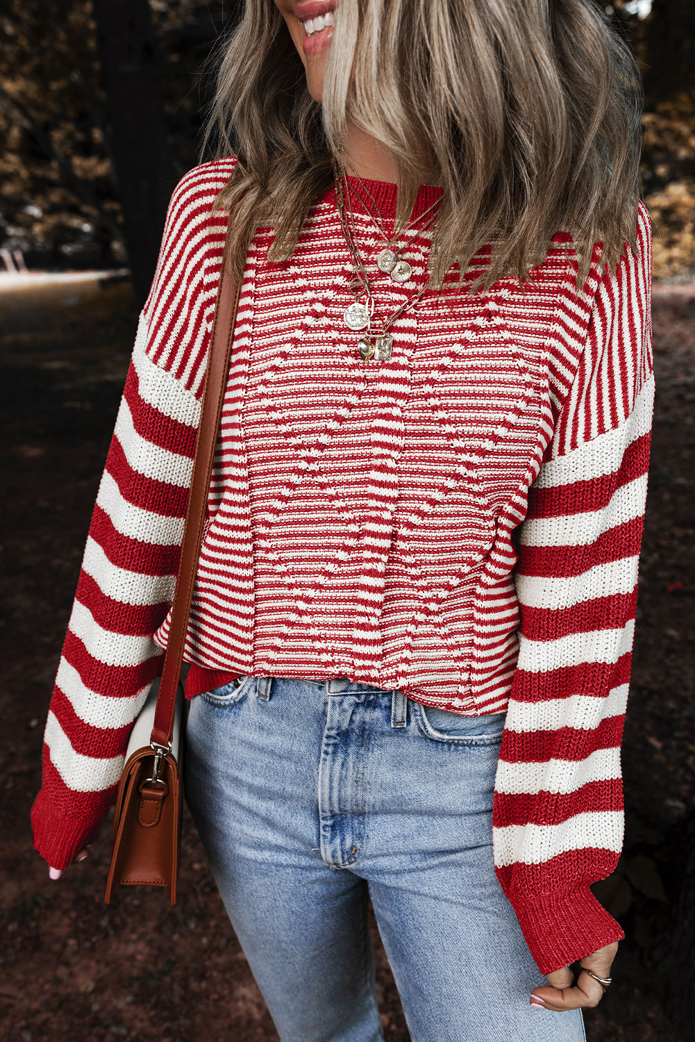 Red Stripe Twisted Knitted Drop Shoulder Sweater