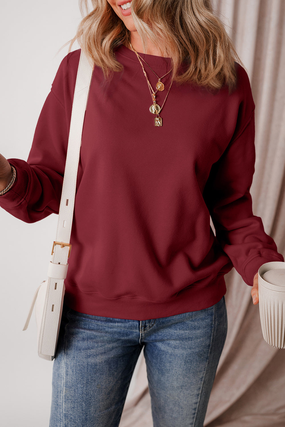 Black Solid Color Drop Shoulder Terry Sweatshirt