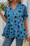 Blue V-Neck Polka Dot Crinkled Blouse