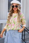 Beige Boho Floral Print Round Neck Sweater