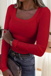 Racing Red Solid Color Square Neck Slim Fit Long Sleeve Top