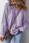 Orchid Petal Waffle Patchwork Raglan Sleeve Exposed Seam Sweatshirt