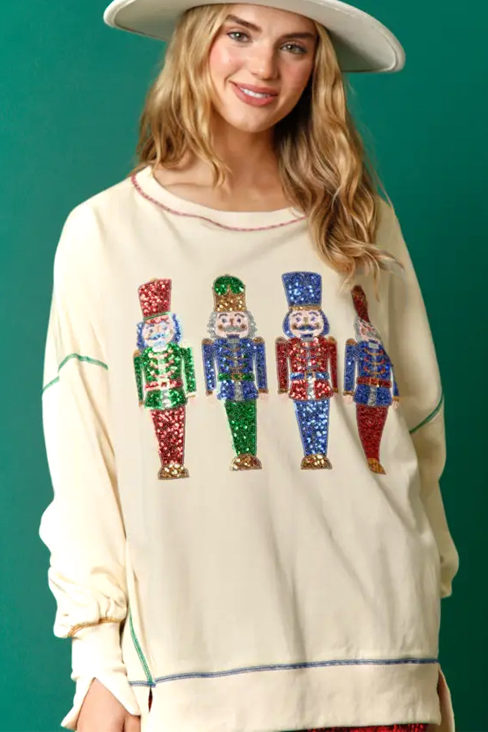 White Sequin Christmas Nutcracker Round Neck Sweatshirt