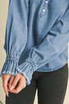 Sky Blue Frilled Raw Hem Half Buttoned Denim Top