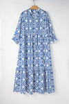 Sky Blue Geometric Print Notch Neck Plus Size Maxi Dress