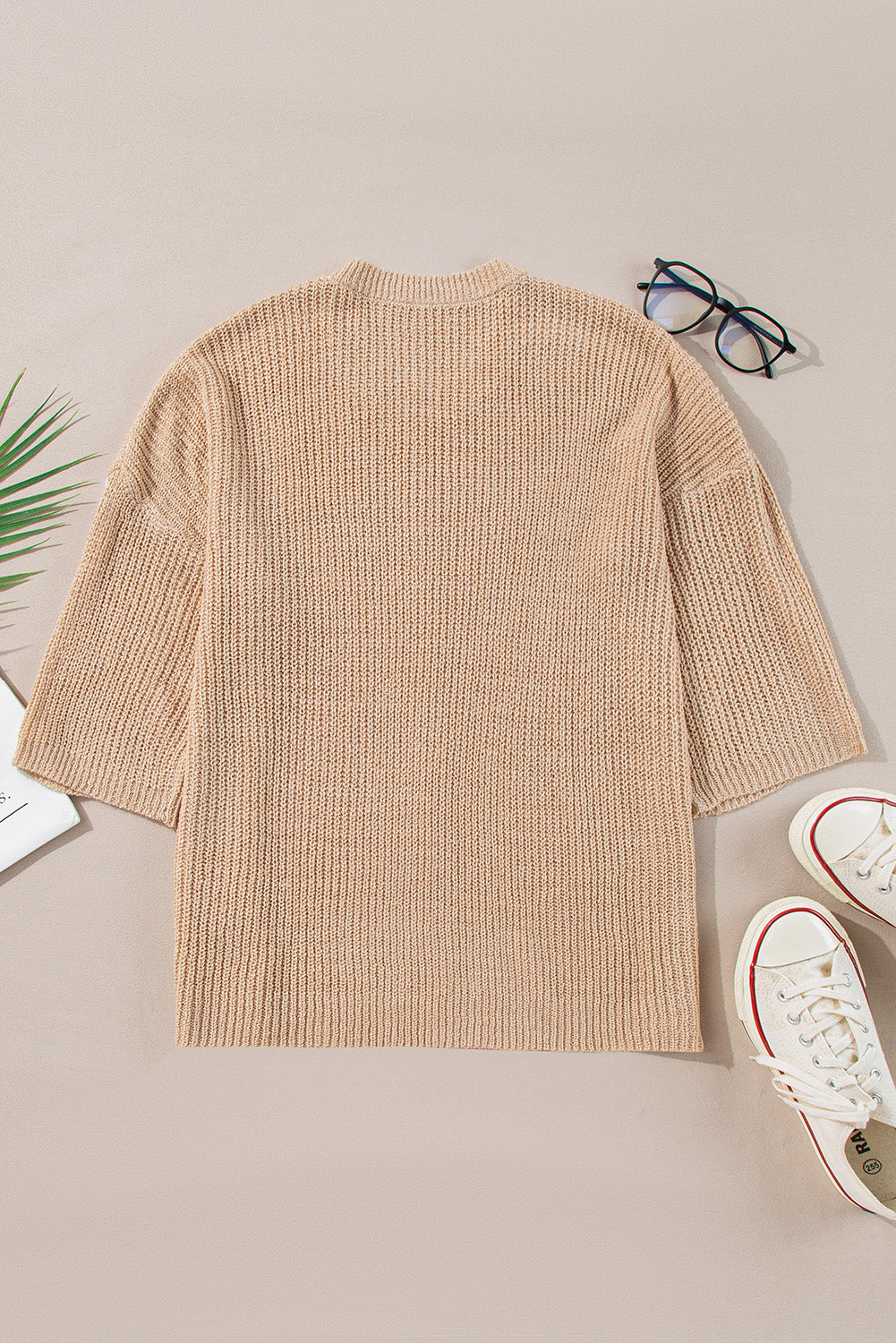 Light French Beige Contrast 3/4 Sleeve Crew Neck Sweater