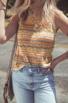 Brown Stripe Eyelet Crochet Round Neck Knit Top