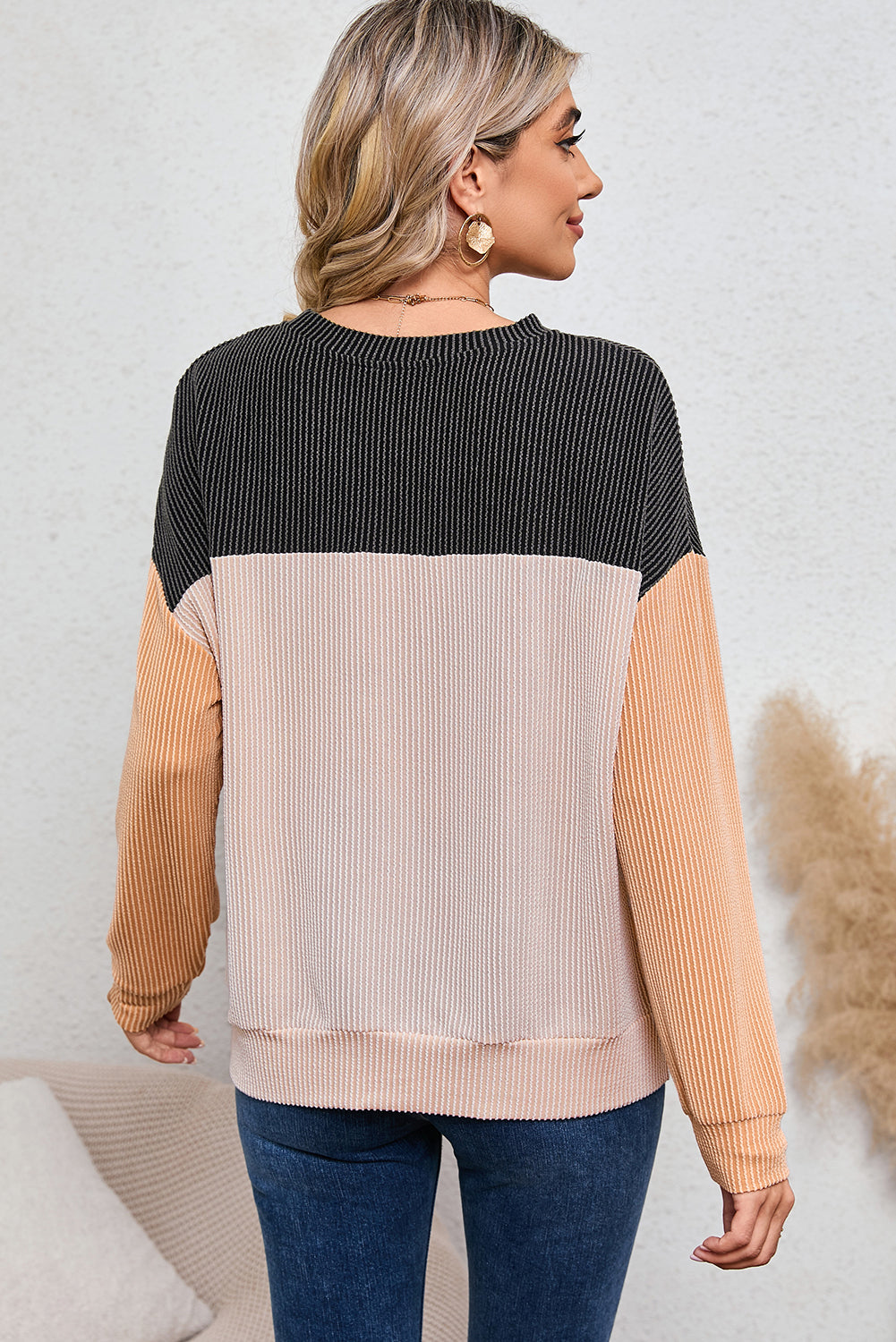 Red Color Block Ribbed Loose Long Sleeve Top