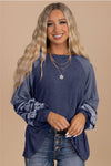 Brown Contrast Print Striped Raglan Long Sleeve Loose Top