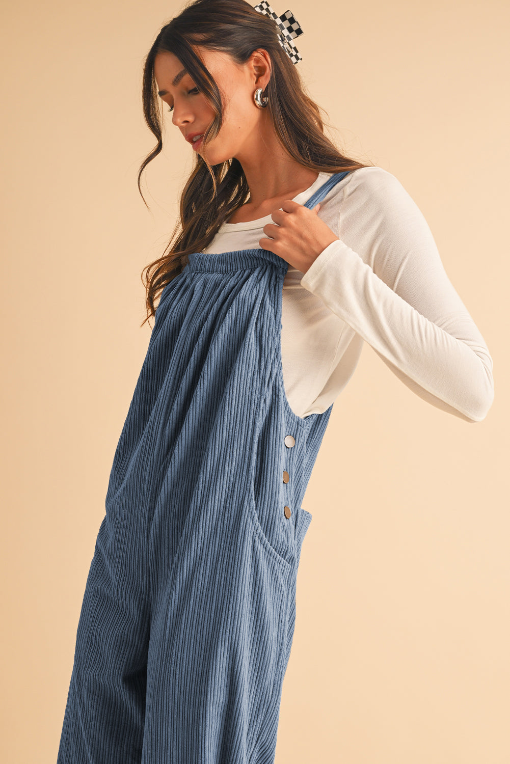 Gray Morn Plain Pocketed Loose Fit Corduroy Overalls