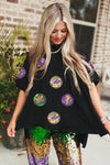 Black Sequin Mardi Gras Side Slits Oversized Graphic Tee