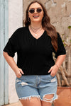 Black Twist Corded V-Neck Plain Plus T-Shirt