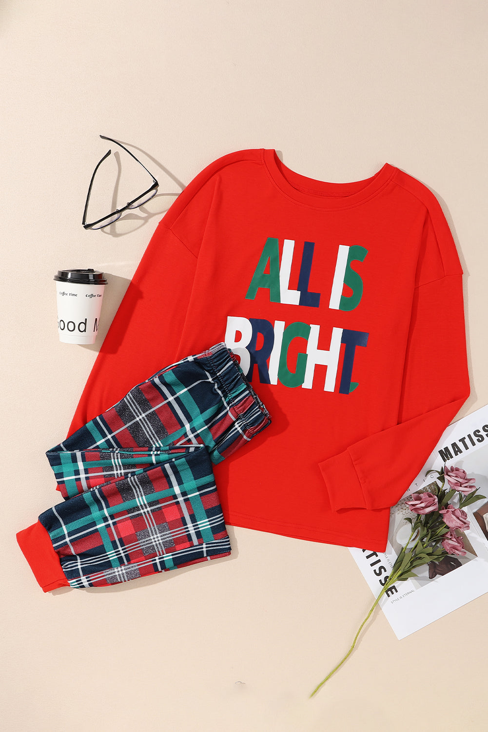 Multicolor ALL IS BRIGHT Christmas Plaid Pajama Set