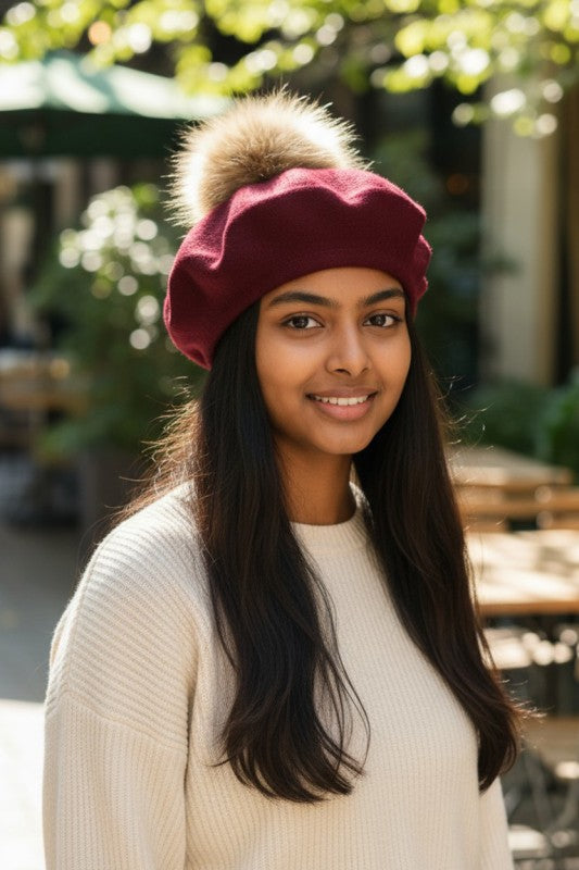 Genuine Fur Pom Cashmere Beret