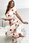 White Heart Print Tee and Lace Hem Pants Pajama Set