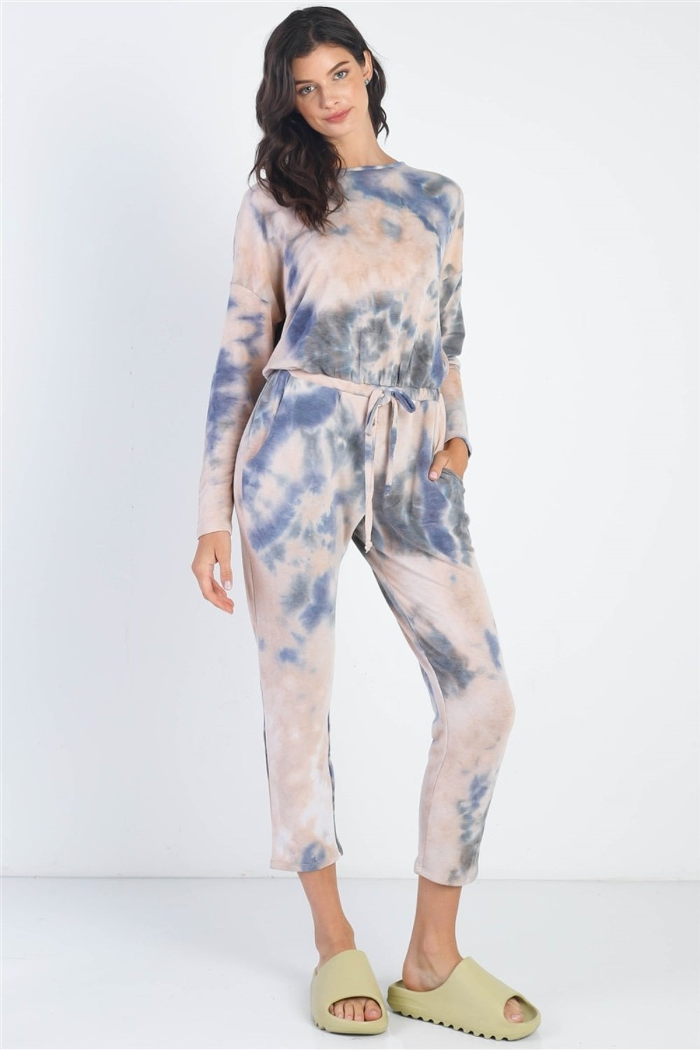  Cherish Apparel Tie-Dye Round Neck Long Sleeve Jumpsuit.