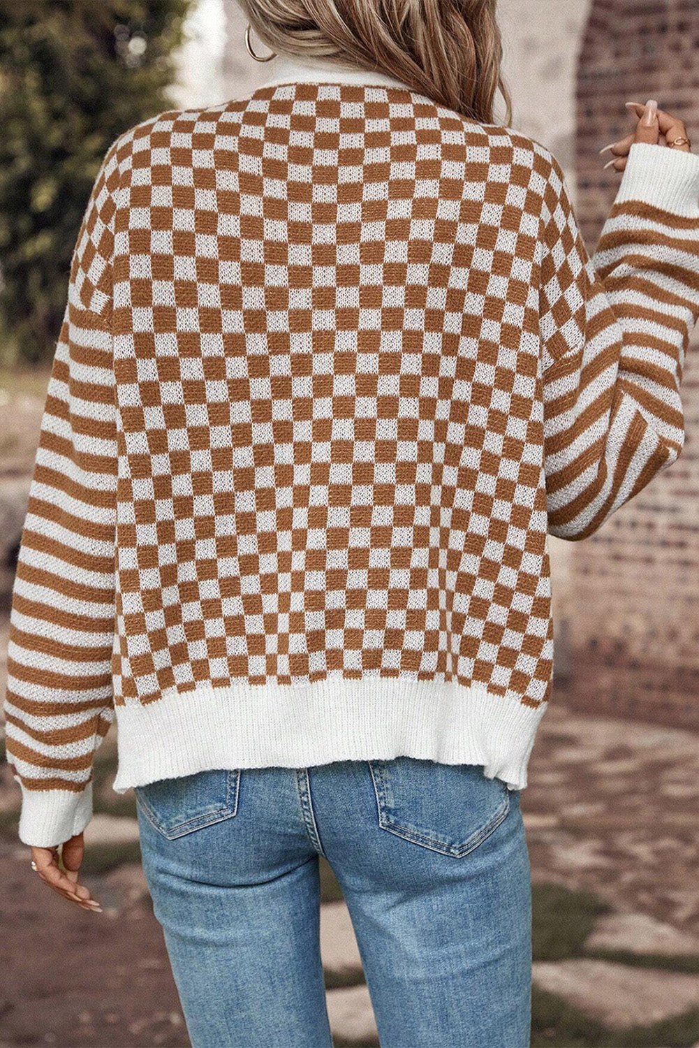 Brown Checkered Striped Patched Buttoned V Neck Cardigan