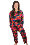 Black Plus Size Floral Printed Long Sleeve and Pants Loungewear Set