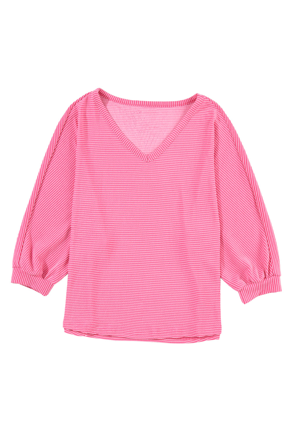 Strawberry Pink Ribbed Striped V Neck Bracelet Sleeve Top