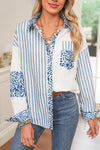 Sky Blue Leopard Striped Patchwork Button-up Shirt