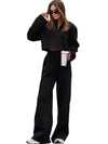 Black Zipped Collared Cropped Top and Wide Leg Pants Set