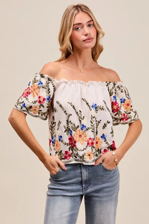 SO ME Floral Embroidered Two Way Off The Shoulder Blouse