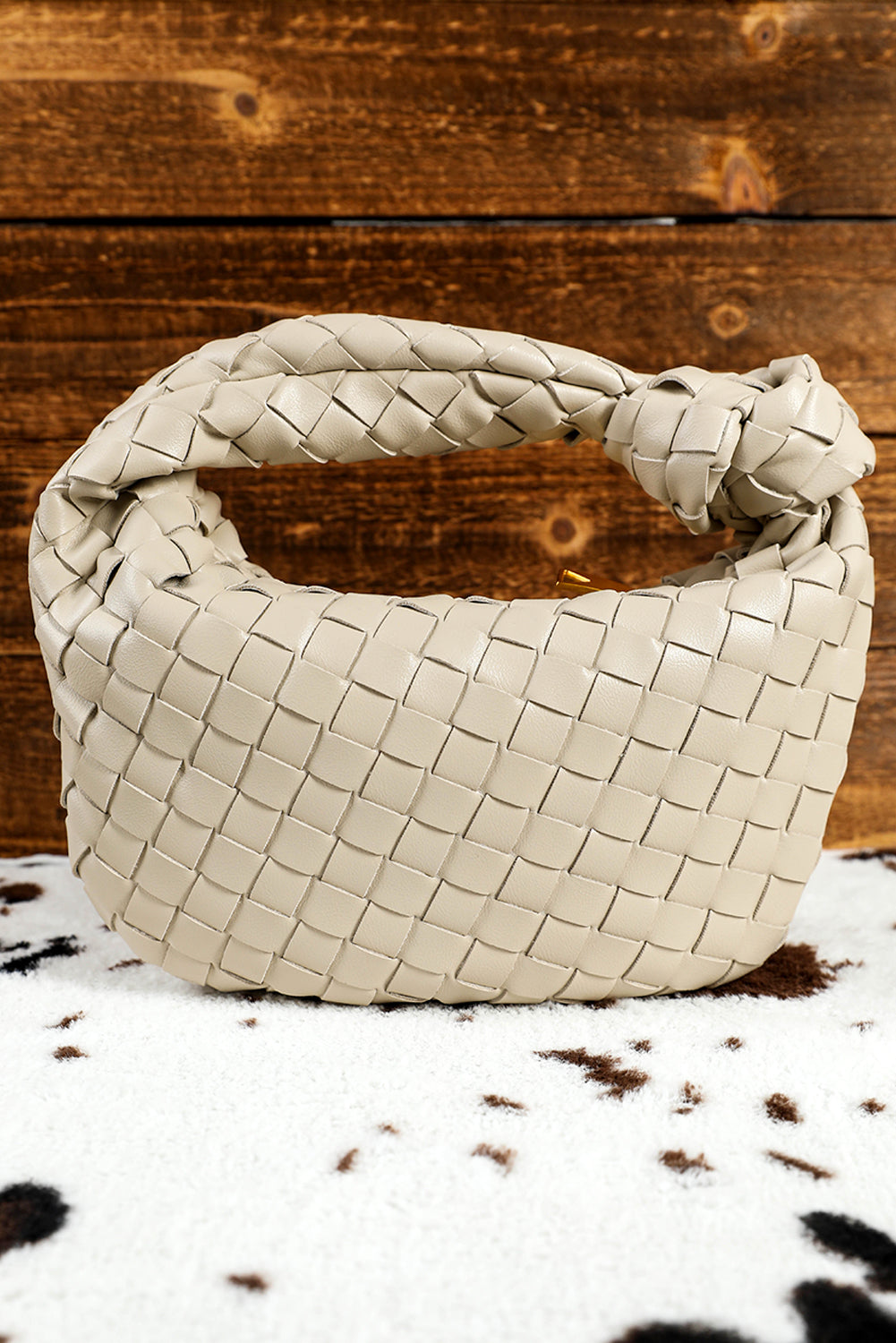 Beige Braided PU Leather Zipper Handbag