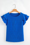 Dark Blue Ruffle Sleeve Textured Smocked Blouse