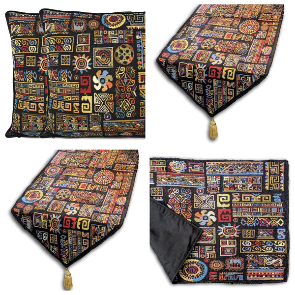8 Pieces Ethnic Ornaments Table Woven Black Tapestry - 4 Placemats, 2 Table Runners, 2 Throw Pillow Covers (18118)