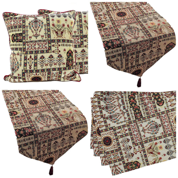 Set of 8 Pieces Light Botanical Mughal Floral Table Woven Tapestry - 4 Placemats, 2 Table Runners, 2 Throw Pillow Covers (18196)