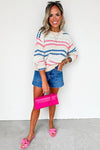 Khaki Striped Eyelet Pattern Drop Shoulder Sweater