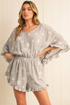 Gray Star Print Ruffle Hem V Neck Romper