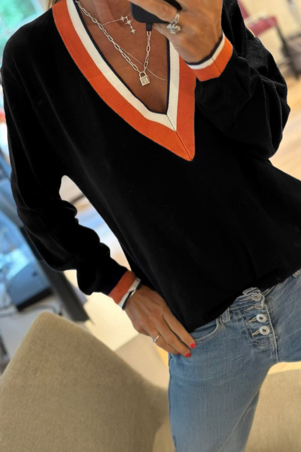 Black Contrast Striped Trim V Neck Knit Sweater