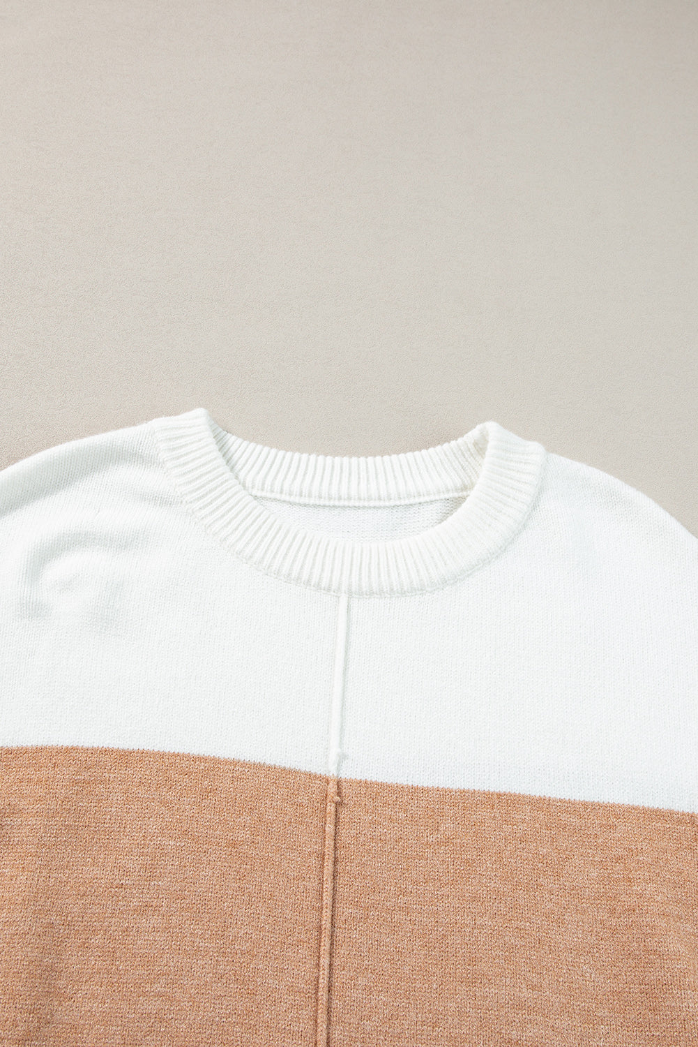 Khaki Colorblock Ribbed Trim Round Neck Sweater