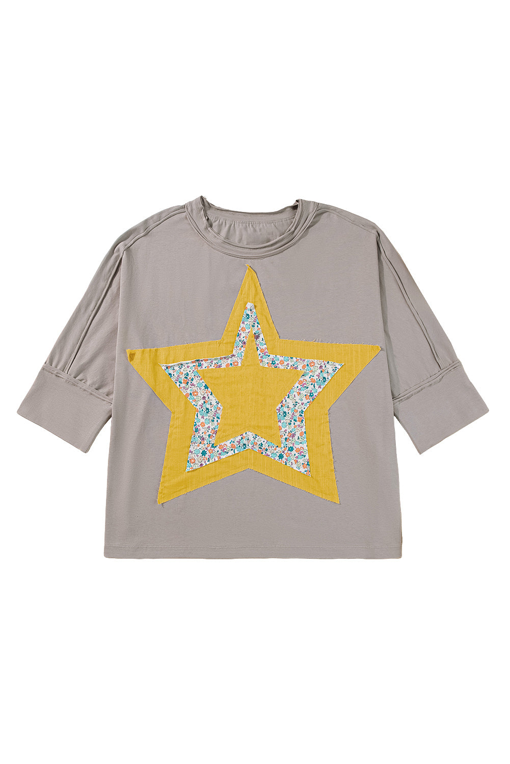 Rose Tan Floral Star Patched Exposed Seam Mineral Wash Top