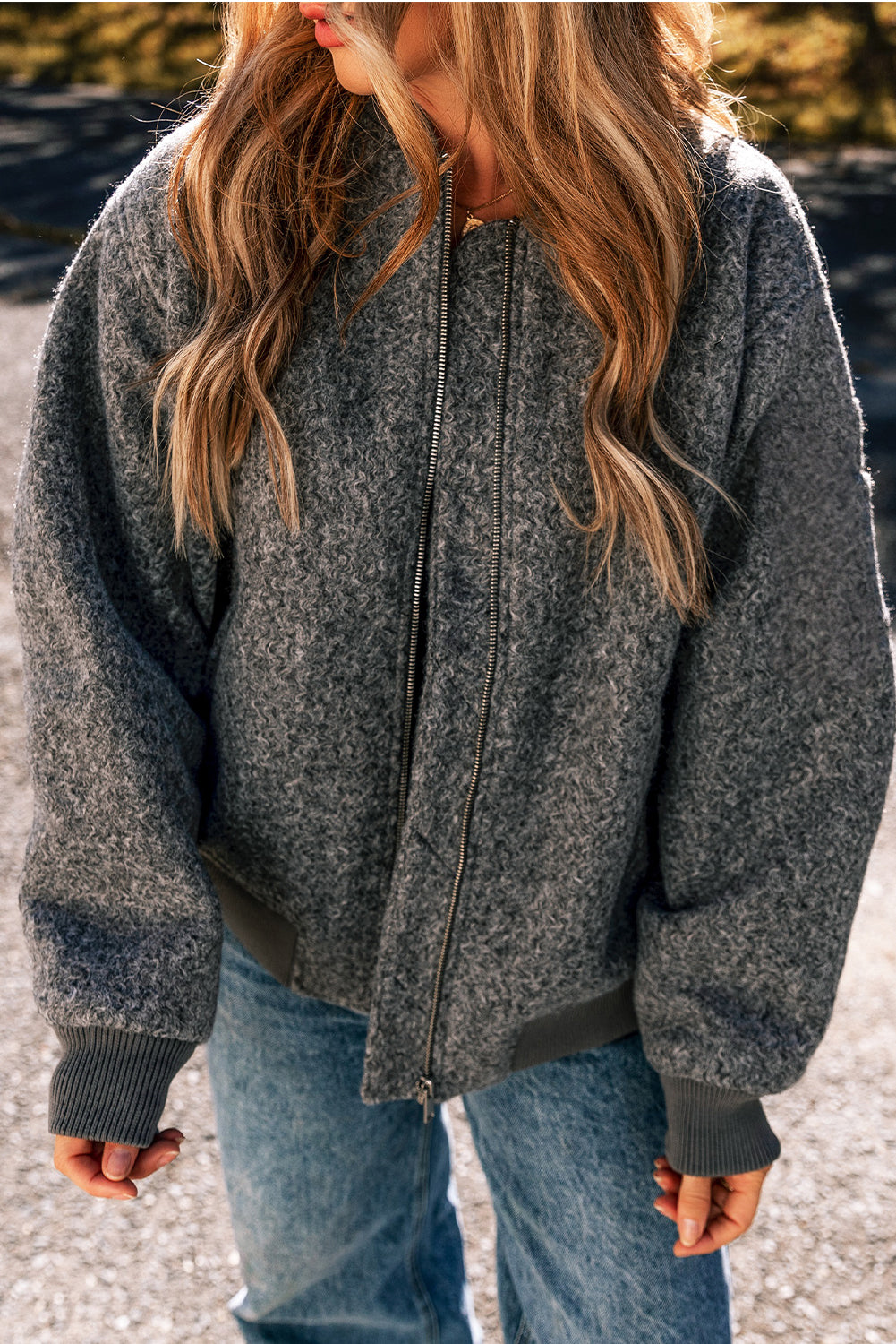 Medium Grey Fuzzy Zip Up Pocketed Sleeve Jacket