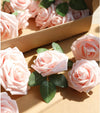 25 Pcs Artificial Rose Flowers, Foam Fake Flowers DIY Bouquets with Leaves and Stems for Wedding Party DIY Bouquets, Baby Shower, Home Decoration (Pink Champagne)